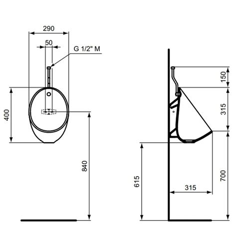 IDEAL STANDARD EUROVIT pisoár, horní přívod vody E253401 Technický nákres