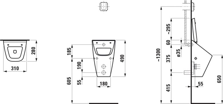 LAUFEN VILA pisoár, zadní přívod vody H8411410000001 Technický nákres