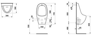 LAUFEN TAMARO pisoár, zadní přívod vody, Rimless H8400900000001 Technický nákres