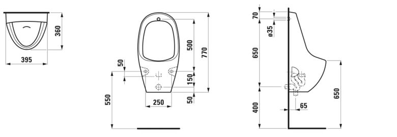 LAUFEN TAMARO pisoár, zadní přívod vody, Rimless H8400900000001 Technický nákres