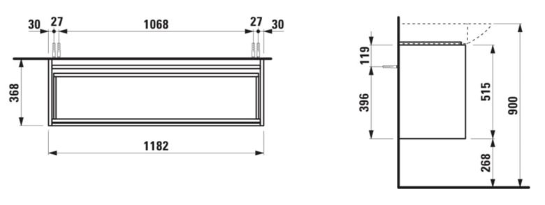 LAUFEN LANI skříňka pod umyvadlo 118x37x51,5 cm, 2 zásuvky, s organizérem, matná bílá H4042221122601 Technický nákres