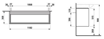 LAUFEN LANI skříňka pod umyvadlo 118x37x51,5 cm, 2 zásuvky, s organizérem, matná bílá H4042221122601 Technický nákres