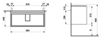 LAUFEN LANI skříňka pod dvojumyvadlo 98,4x44,8x51,5 cm, 2 zásuvky, s organizérem, matná bílá H4035621122601 Technický nákres