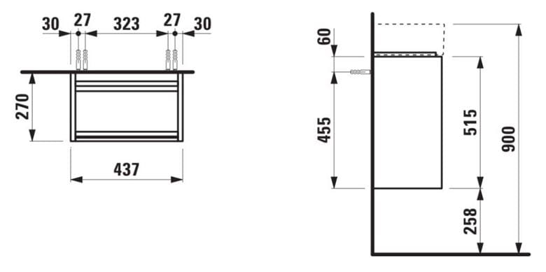 LAUFEN LANI skříňka pod umývátko 43,7x27x51,5 cm, 1 dvířka, panty vlevo, matná bílá H4039011122601 Technický nákres