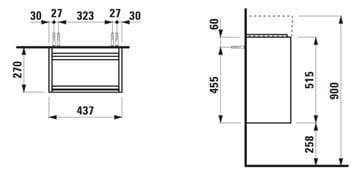 LAUFEN LANI skříňka pod umývátko 43,7x27x51,5 cm, 1 dvířka, panty vpravo, matná bílá H4039021122601 Technický nákres
