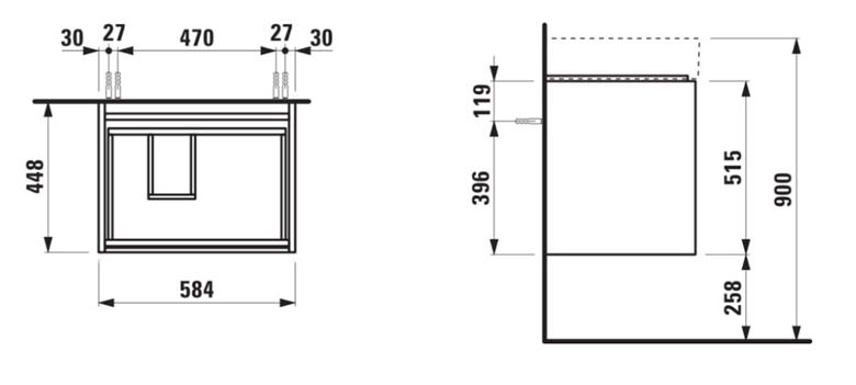 LAUFEN LANI skříňka pod umyvadlo 58,4x44,8x51,5 cm, 2 zásuvky, s organizérem, matná bílá H4039321122601 Technický nákres