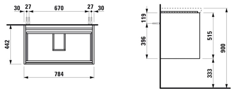LAUFEN LANI skříňka pod umyvadlo 78,4x44,2x51,5 cm, 2 zásuvky, s organizérem, matná bílá H4035521122601 Technický nákres