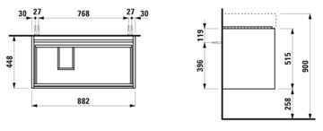 LAUFEN LANI skříňka pod umyvadlo 88,2x44,8x51,5 cm, 2 zásuvky, s organizérem, matná bílá H4039521122601 Technický nákres