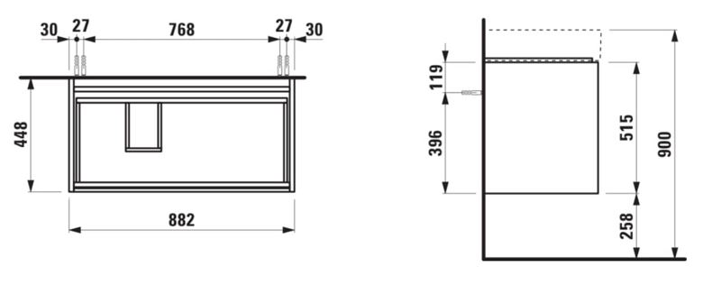 LAUFEN LANI skříňka pod umyvadlo 88,2x44,8x51,5 cm, 2 zásuvky, s organizérem, matná bílá H4039521122601 Technický nákres