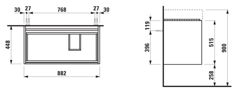 LAUFEN LANI skříňka pod umyvadlo 88,2x44,8x51,5 cm, 2 zásuvky, s organizérem, matná bílá H4039621122601 Technický nákres