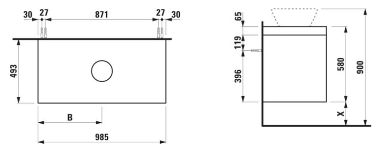 LAUFEN LANI skříňka pod umyvadlo, 98,5x49,3x58 cm, 2 zásuvky, matná bílá H4045611122601 Technický nákres