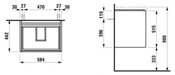 LAUFEN LANI skříňka pod umyvadlo 58,4x44,2x51,5 cm, 2 zásuvky, s organizérem, matná bílá H4035321122601 Technický nákres