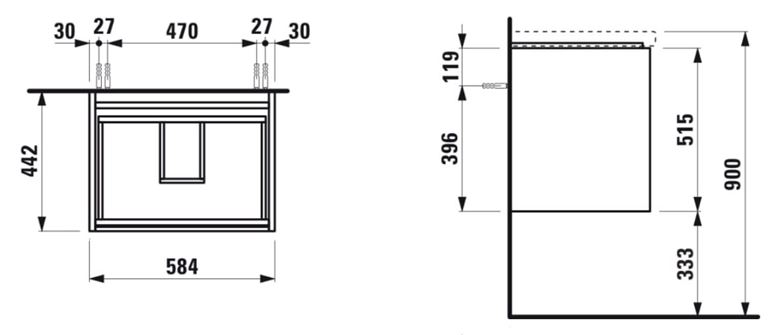 LAUFEN LANI skříňka pod umyvadlo 58,4x44,2x51,5 cm, 2 zásuvky, s organizérem, matná bílá H4035321122601 Technický nákres