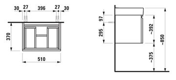 LAUFEN PRO S skříňka pod umyvadlo 51x37x39,2 cm, 1 zásuvka, lesklá bílá H4830220954751 Technický nákres