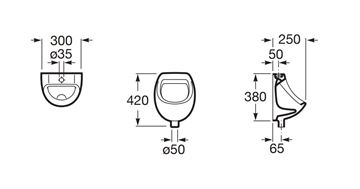 ROCA MINI pisoár, horní přívod vody A353145000 Technický nákres