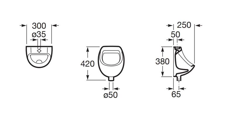 ROCA MINI pisoár, horní přívod vody A353145000 Technický nákres