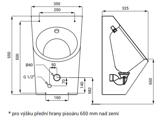 SANELA pisoár, zadní přívod vody, nerez SLPN 07 Technický nákres