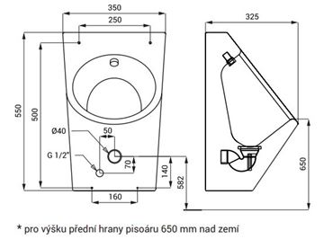 SANELA pisoár, zadní přívod vody, nerez SLPN 07 Technický nákres