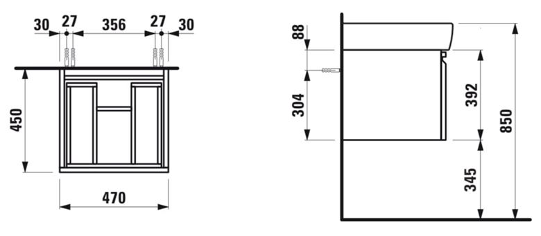 LAUFEN PRO skříňka pod umyvadlo 47x45x39,2 cm, 1 zásuvka, bílá H4830230954631 Technický nákres