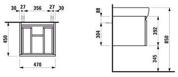 LAUFEN PRO skříňka pod umyvadlo 47x45x39,2 cm, 1 zásuvka, bílá H4830230954631 Technický nákres