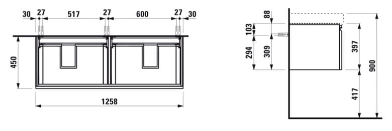 LAUFEN PRO S skříňka pod dvojumyvadlo 125,8x45x39,7 cm, 2 zásuvky, světlý dub H4835710964791 Technický nákres
