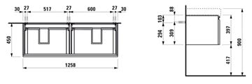 LAUFEN PRO S skříňka pod dvojumyvadlo 125,8x45x39,7 cm, 2 zásuvky, světlý dub H4835710964791 Technický nákres