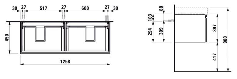 LAUFEN PRO S skříňka pod dvojumyvadlo 125,8x45x39,7 cm, 2 zásuvky, matná bílá H4835710964631 Technický nákres