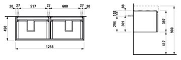 LAUFEN PRO S skříňka pod dvojumyvadlo 125,8x45x39,7 cm, 2 zásuvky, matná bílá H4835710964631 Technický nákres