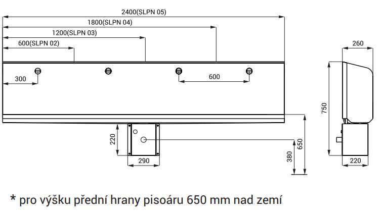 SANELA pisoárový žlab, zadní přívod vody, nerez SLPN 04 Technický nákres