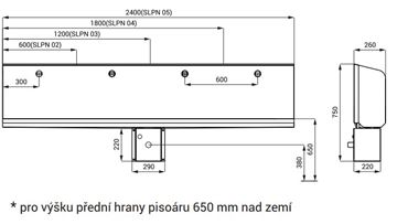 SANELA pisoárový žlab, zadní přívod vody, nerez SLPN 04 Technický nákres