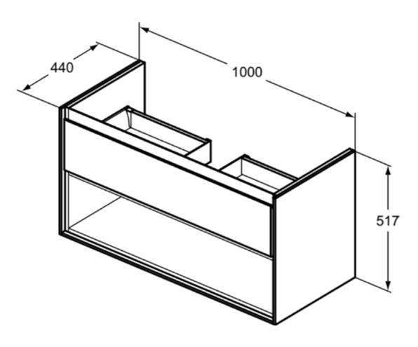 IDEAL STANDARD CONNECT AIR skříňka pod umyvadlo 100x44x51,7 cm, 1 zásuvka, 1 police, matná bílá/lesklá bílá E0828B2 Technický nákres