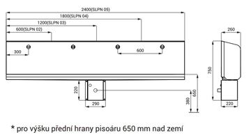 SANELA pisoárový žlab, zadní přívod vody, nerez SLPN 05 Technický nákres
