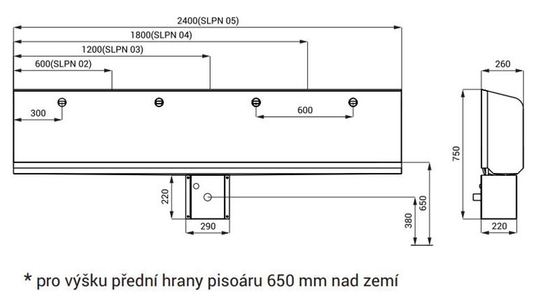 SANELA pisoárový žlab, zadní přívod vody, nerez SLPN 05 Technický nákres