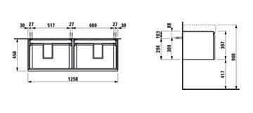 LAUFEN PRO S skříňka pod dvojumyvadlo 125,8x45x39,7 cm, 2 zásuvky, matný grafit H4835720964801 Technický nákres