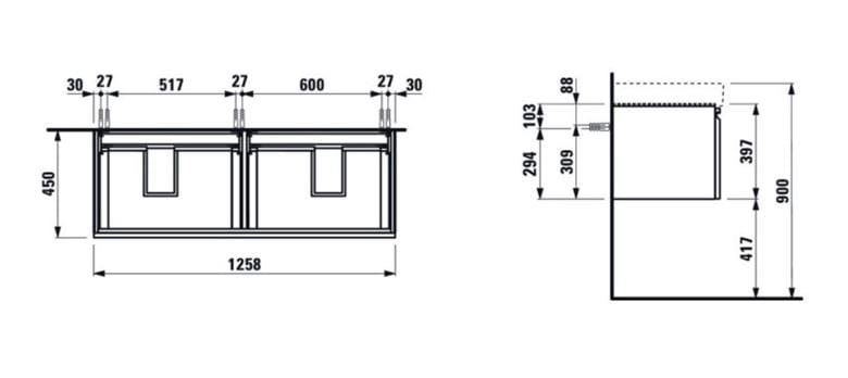 LAUFEN PRO S skříňka pod dvojumyvadlo 125,8x45x39,7 cm, 2 zásuvky, matná bílá H4835720964631 Technický nákres