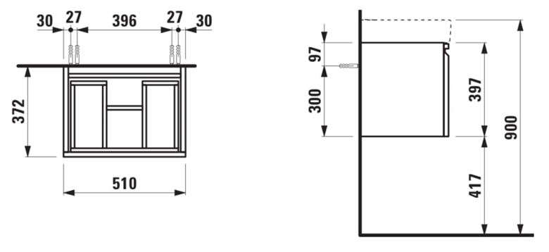 LAUFEN PRO S skříňka pod umyvadlo 51x37,2x39 cm, 1 zásuvka, fialová H4830210959991 Technický nákres