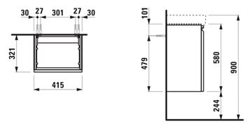 LAUFEN PRO S skříňka pod umývátko 41,5x32,1x58 cm, 1 dvířka, panty vpravo, matná bílá H4833020964631 Technický nákres