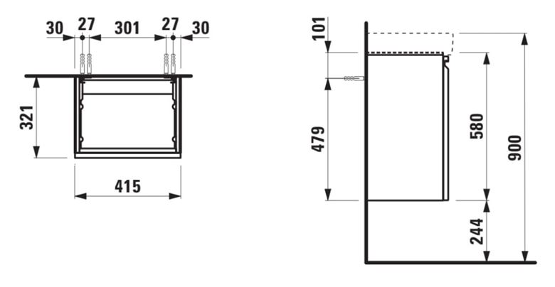 LAUFEN PRO S skříňka pod umývátko 41,5x32,1x58 cm, 1 dvířka, panty vpravo, matná bílá H4833020964631 Technický nákres