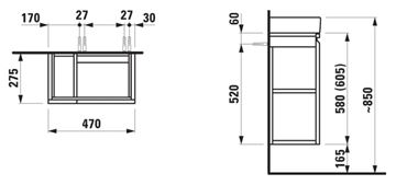 LAUFEN PRO S skříňka pod umývátko 47x27,5x58 cm, 1 police, 1 dvířka, panty vpravo, černá H4830020959991 Technický nákres