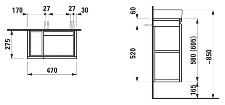 LAUFEN PRO S skříňka pod umývátko 47x27,5x58 cm, 1 police, 1 dvířka, panty vpravo, černá H4830020959991 Technický nákres