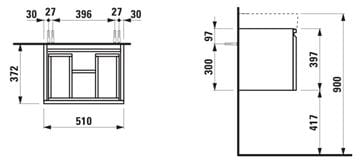 LAUFEN PRO S skříňka pod umyvadlo 51x37,2x39,7 cm, 1 zásuvka, matná bílá H4830210954631 Technický nákres
