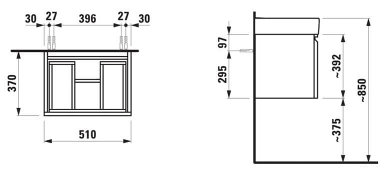 LAUFEN PRO S skříňka pod umyvadlo 51x37x39,2 cm, 1 zásuvka, modrá H4830220959991 Technický nákres