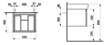 LAUFEN PRO skříňka pod umyvadlo 52x45x39,2 cm, 1 zásuvka, bílá H4830330954631 Technický nákres