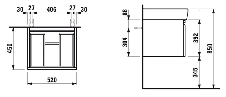 LAUFEN PRO skříňka pod umyvadlo 52x45x39,2 cm, 1 zásuvka, bílá H4830330954631 Technický nákres
