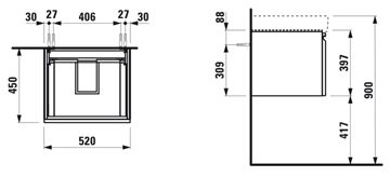 LAUFEN PRO S skříňka pod umyvadlo 52x45x39,7 cm, 1 zásuvka, lesklá bílá H4833520964751 Technický nákres