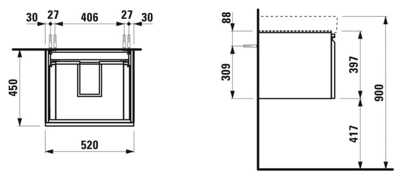 LAUFEN PRO S skříňka pod umyvadlo 52x45x39,7 cm, 1 zásuvka, lesklá bílá H4833520964751 Technický nákres