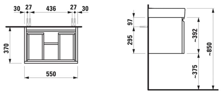 LAUFEN PRO S skříňka pod umyvadlo 55x37x39,2 cm, 1 zásuvka, grafit mat H4830310954801 Technický nákres
