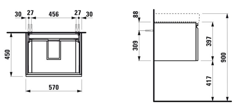 LAUFEN PRO S skříňka pod umyvadlo 57x45x39,2 cm, 1 zásuvka, matný grafit H4833720964801 Technický nákres