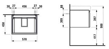 LAUFEN PRO S skříňka pod umyvadlo 57x45x39,2 cm, 1 zásuvka, matný grafit H4833720964801 Technický nákres