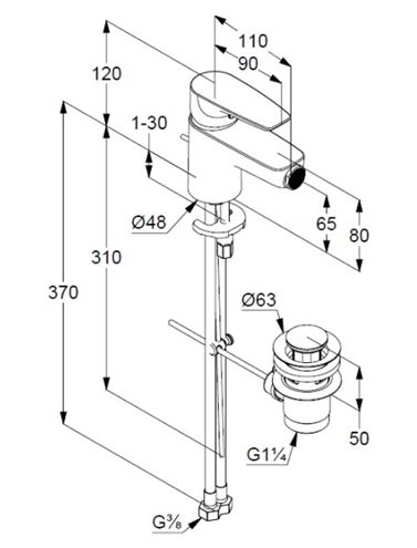 KLUDI PURE&SOLID bidetová stojánková baterie, s odtokovou soupravou, chrom 342160575 Technický nákres